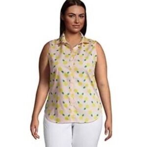 Lands End Top Womens 24W Sleeveless No Iron Shirt Button Up Pink Pineapple Plus